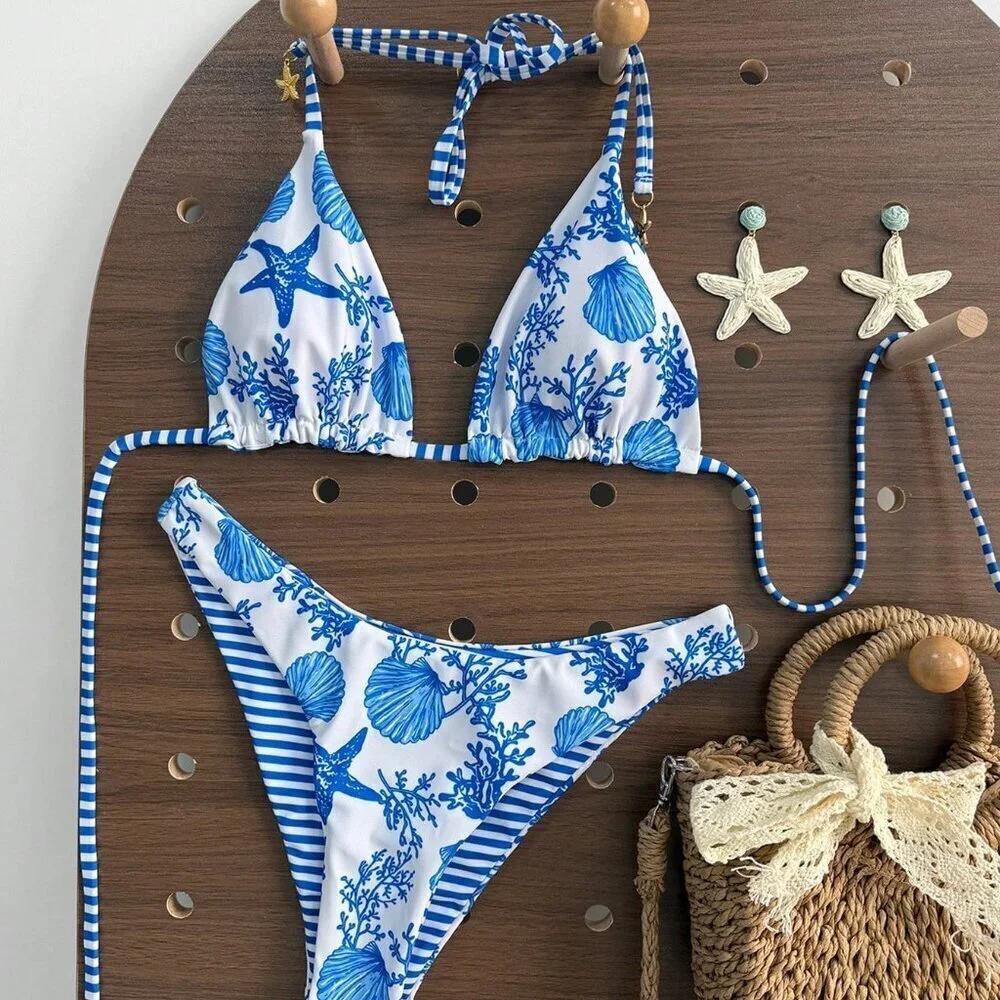 Multicolor Cute Women's Beach Reversible Bikini Set